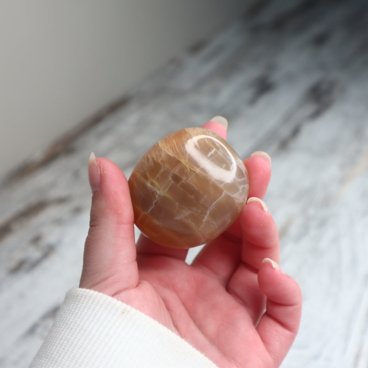 Peach Moonstone Palm Stone | Emotional Balance, Self-Worth &amp; Gentle Strength