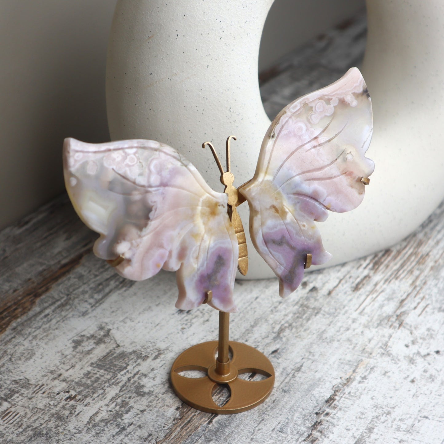 Pink Lavender Flower Agate Butterfly Wings on Stand | Growth, Softness & Emotional Renewal