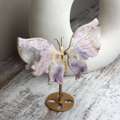 Pink Lavender Flower Agate Butterfly Wings on Stand | Growth, Softness & Emotional Renewal