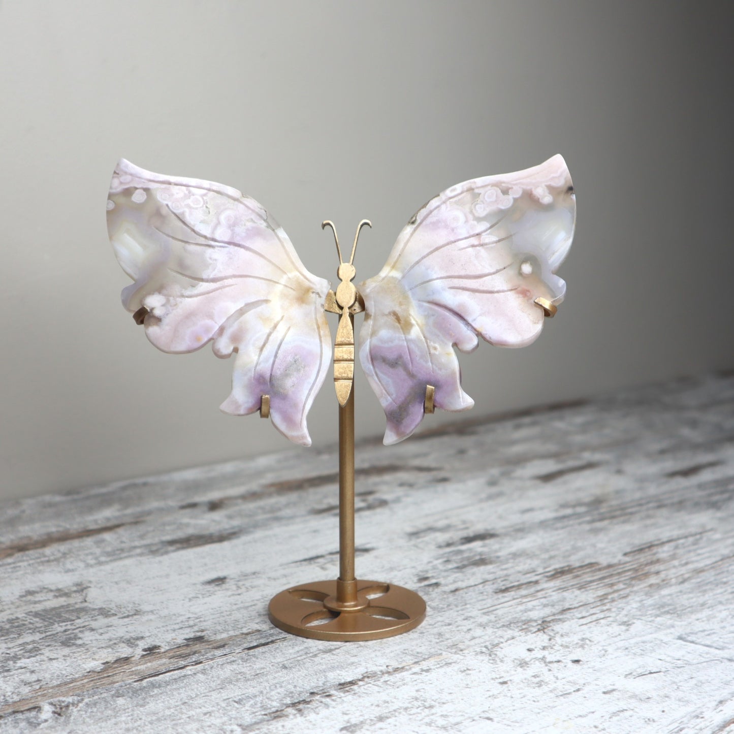 Pink Lavender Flower Agate Butterfly Wings on Stand | Growth, Softness & Emotional Renewal