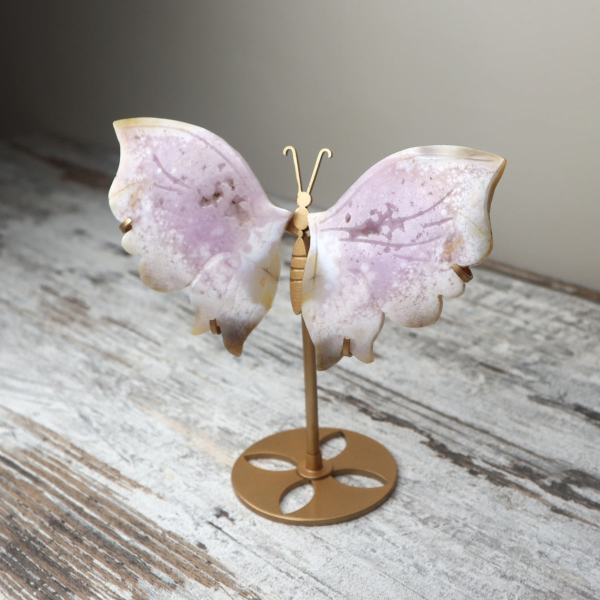 Pink Flower Agate Butterfly Wings on Stand | Growth, Heart Healing &amp; New Beginnings