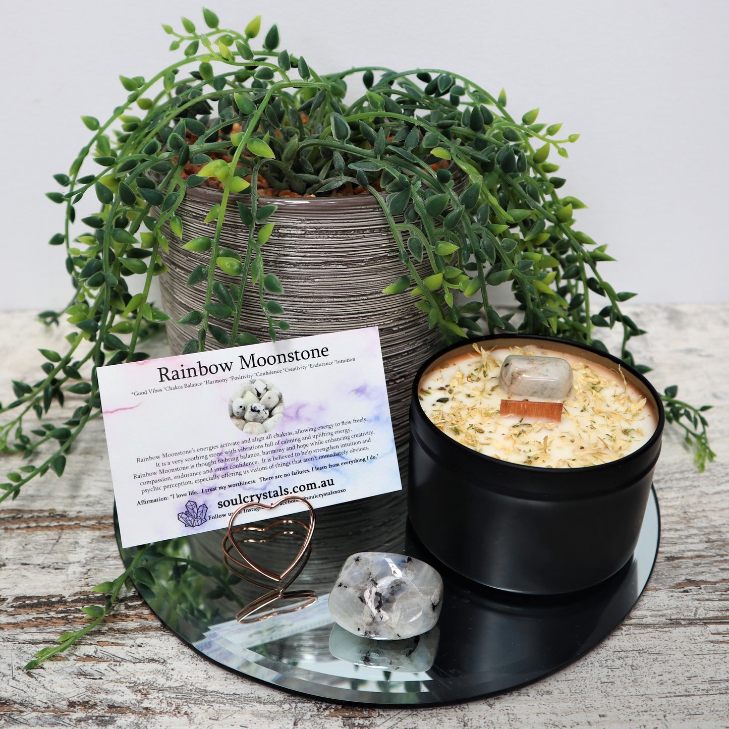 'Good Vibes' Soy Candle Tin | Rainbow Moonstone